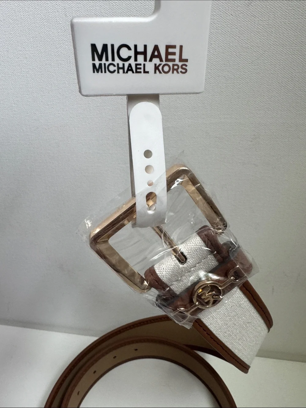 MICHAEL Michael Kors Cream Canvas Belt with Brown Trim and Gold Buckle